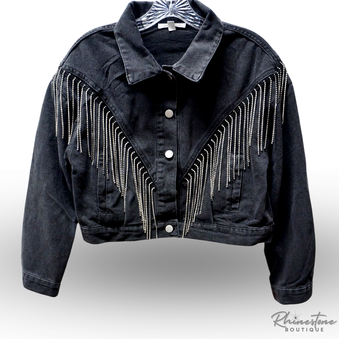 Jean Jacket with Rhinestone Fringe (Blue or Black)