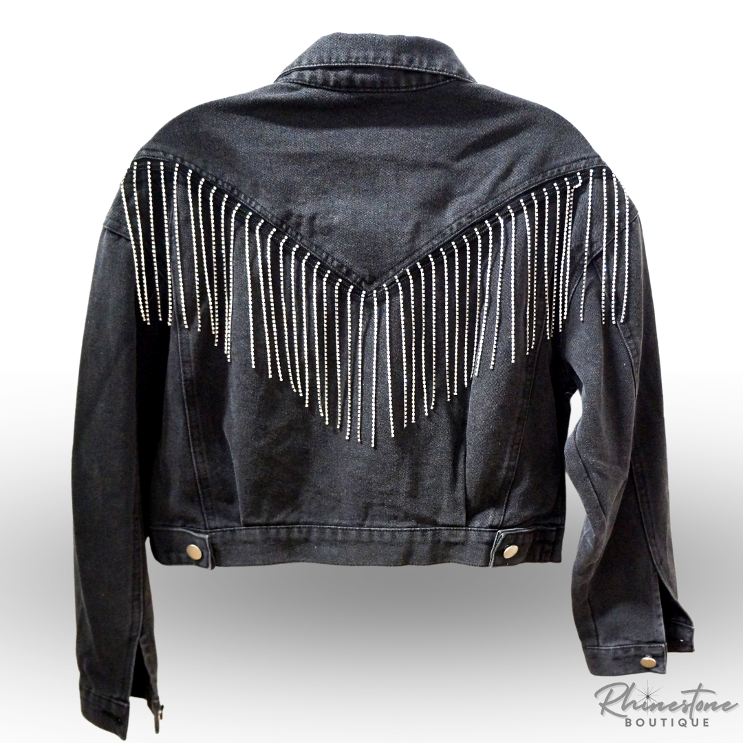 Jean Jacket with Rhinestone Fringe (Blue or Black)