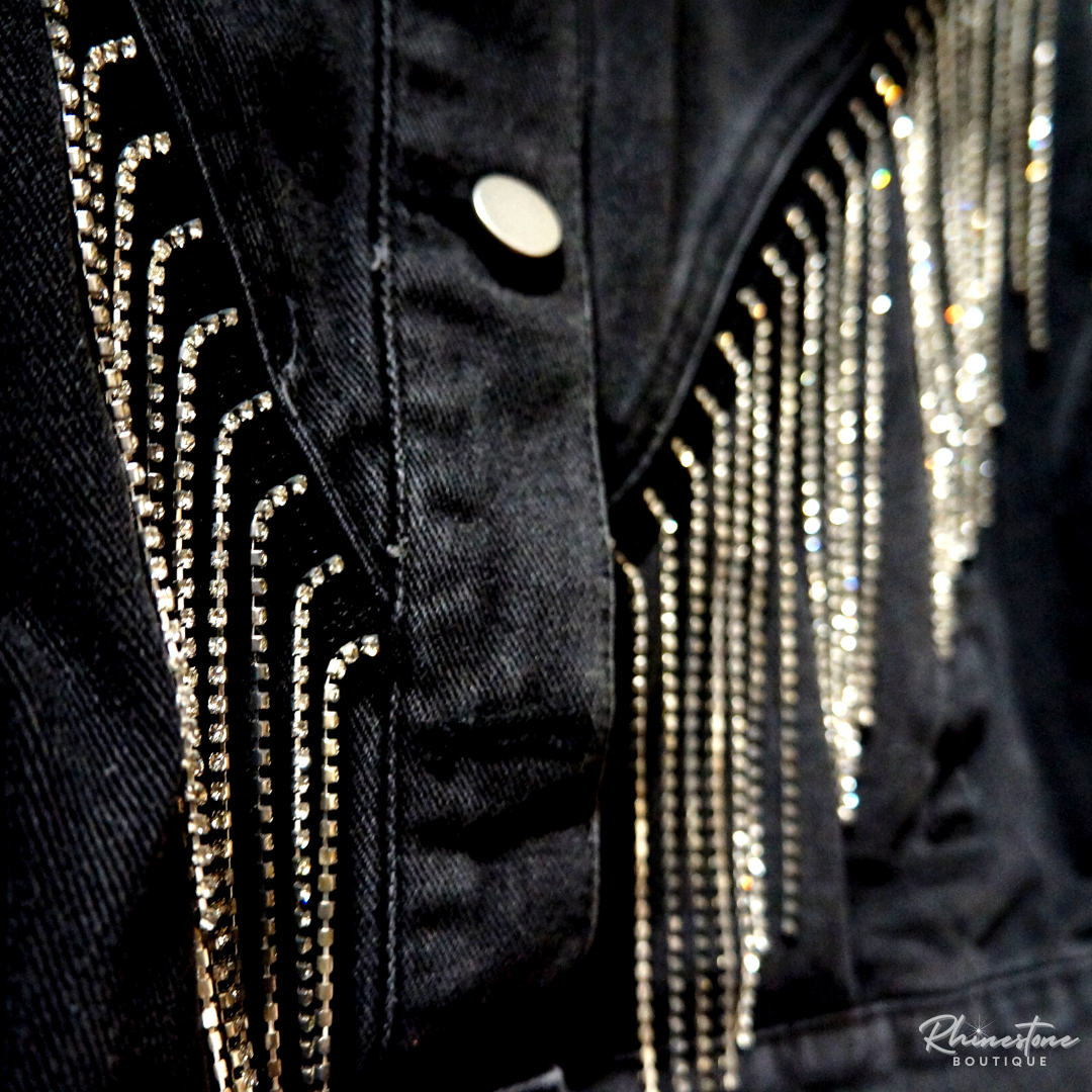 Jean Jacket with Rhinestone Fringe (Blue or Black)