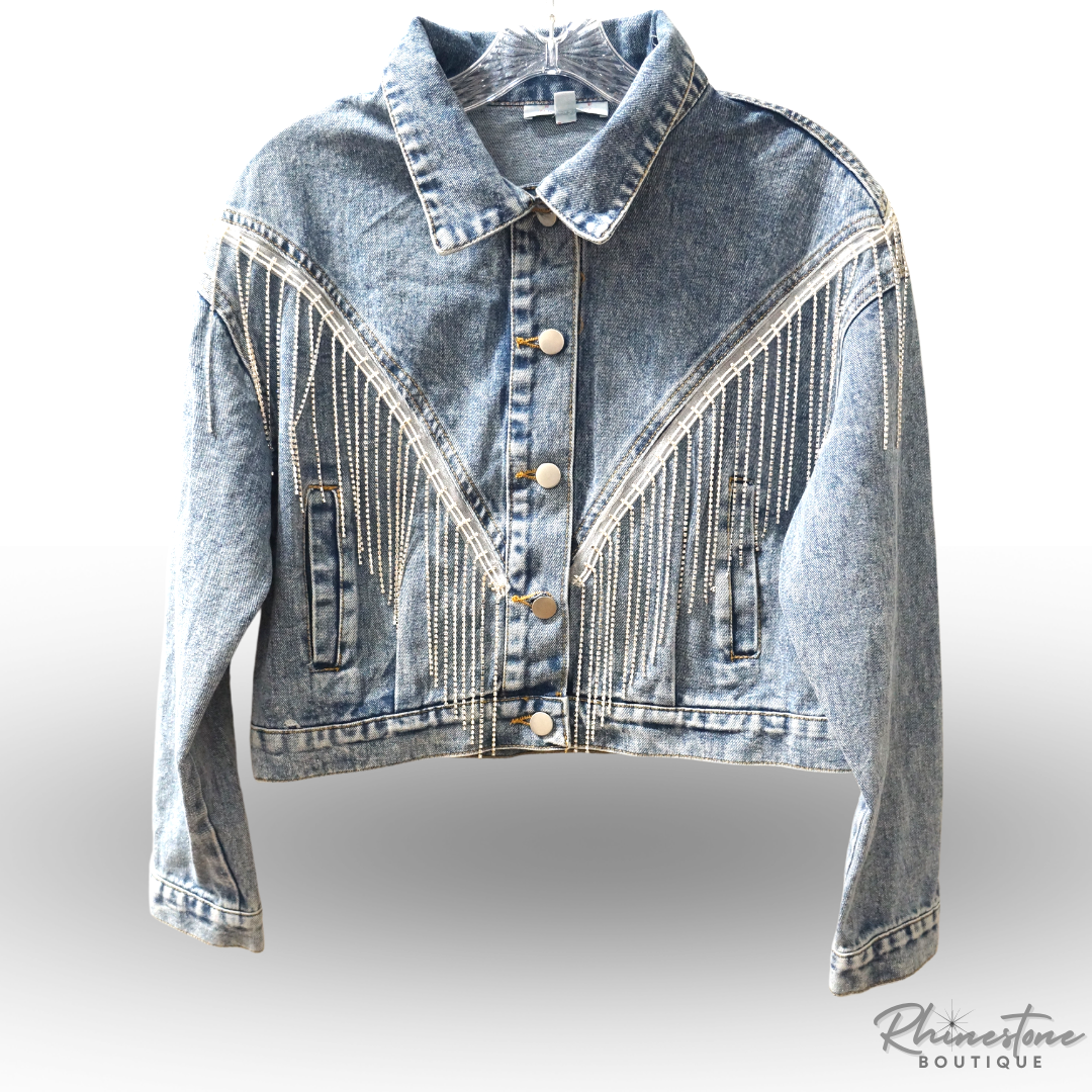 Jean Jacket with Rhinestone Fringe (Blue or Black)