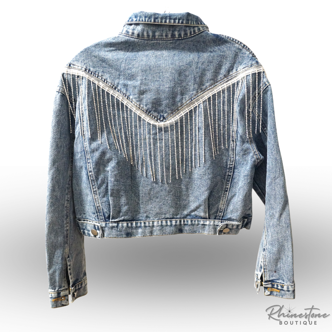 Jean Jacket with Rhinestone Fringe (Blue or Black)