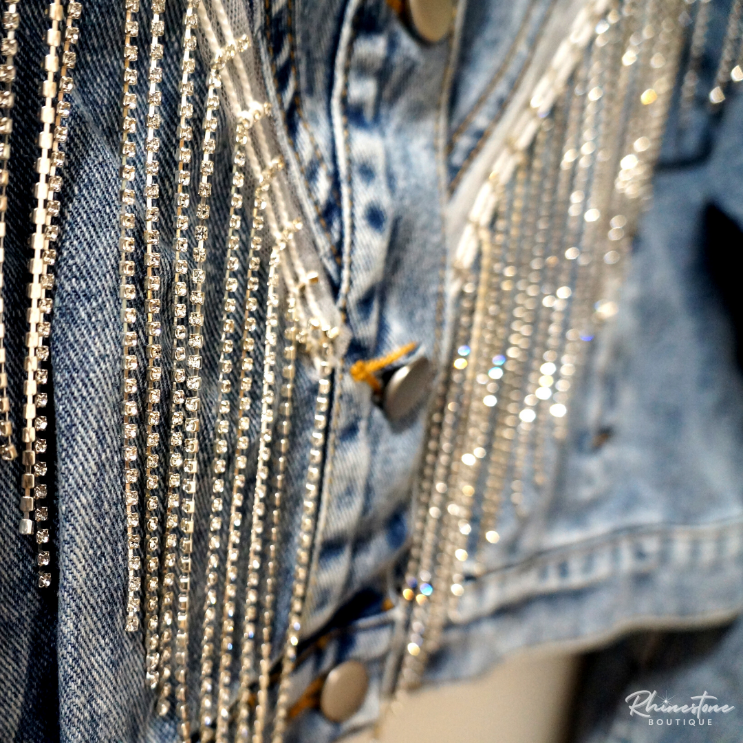 Jean Jacket with Rhinestone Fringe (Blue or Black)